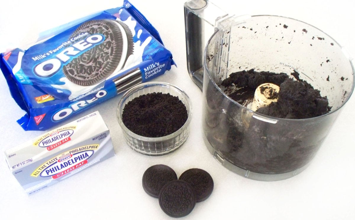 OREO cookie balls ingredients - cream cheese, and OREO cookies blended together in a food processor