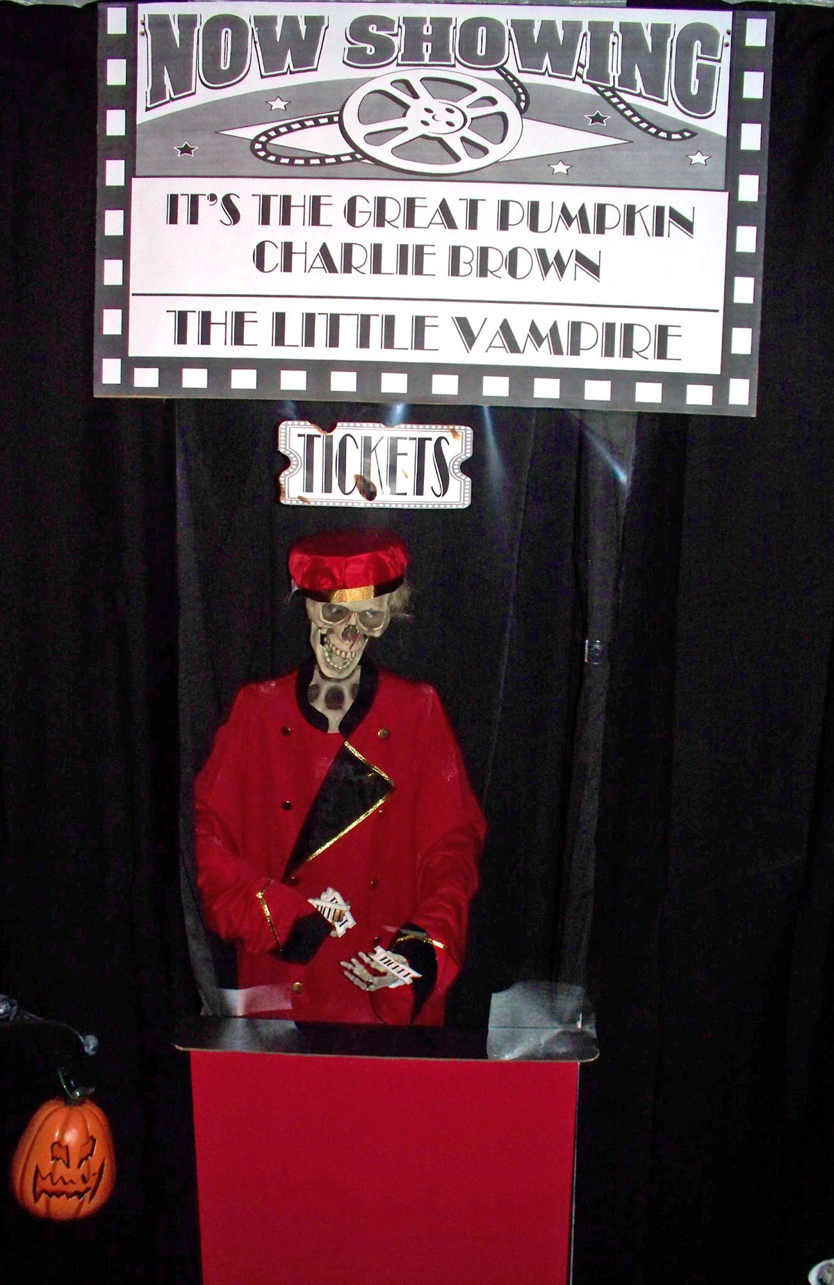 Halloween movie theater ticket book with a skeleton ticket taker.