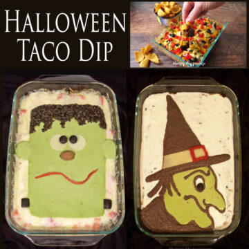 Halloween Taco Dip decorated with a guacamole Frankenstein and a black bean and guacamole witch.