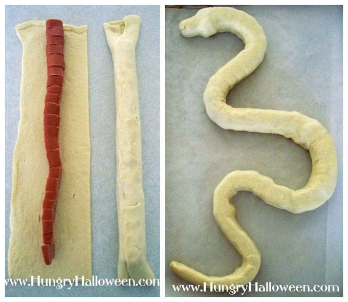wrap hot dog slices in Pillsbury crescent dough then shape it into a snake