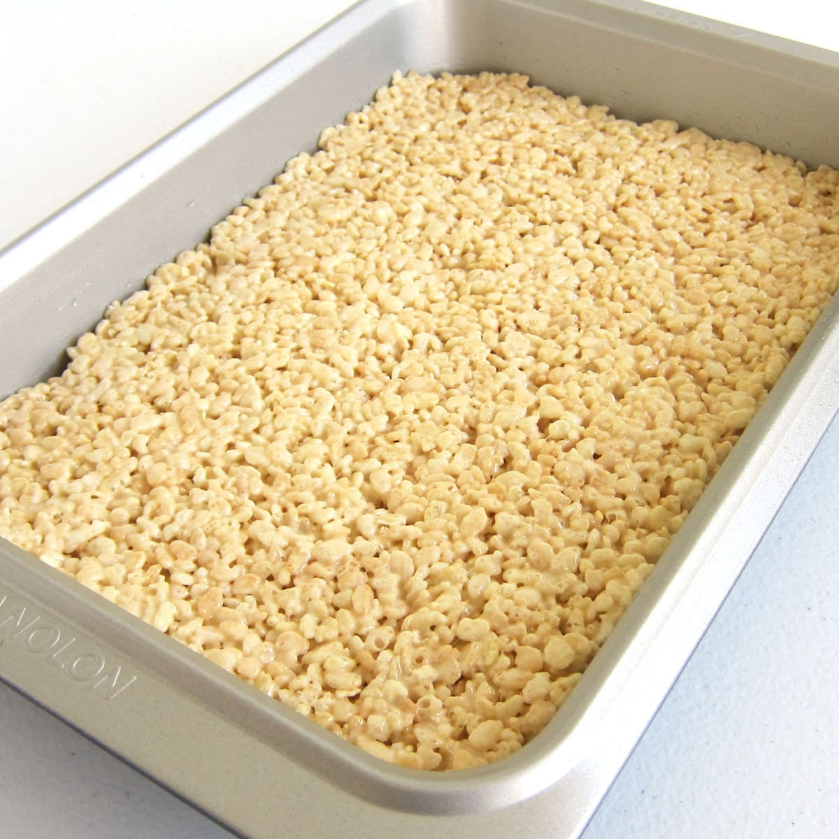 pan of homemade rice krispie treats