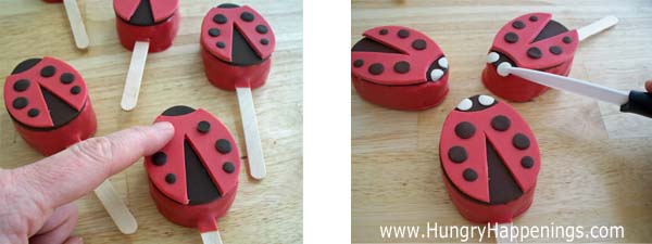 add modeling chocolate spots on the rice krispie treat ladybugs