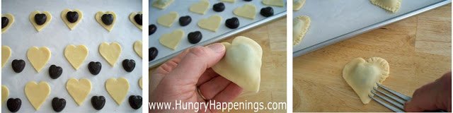 filling heart-shaped pie dough with a chocolate heart.