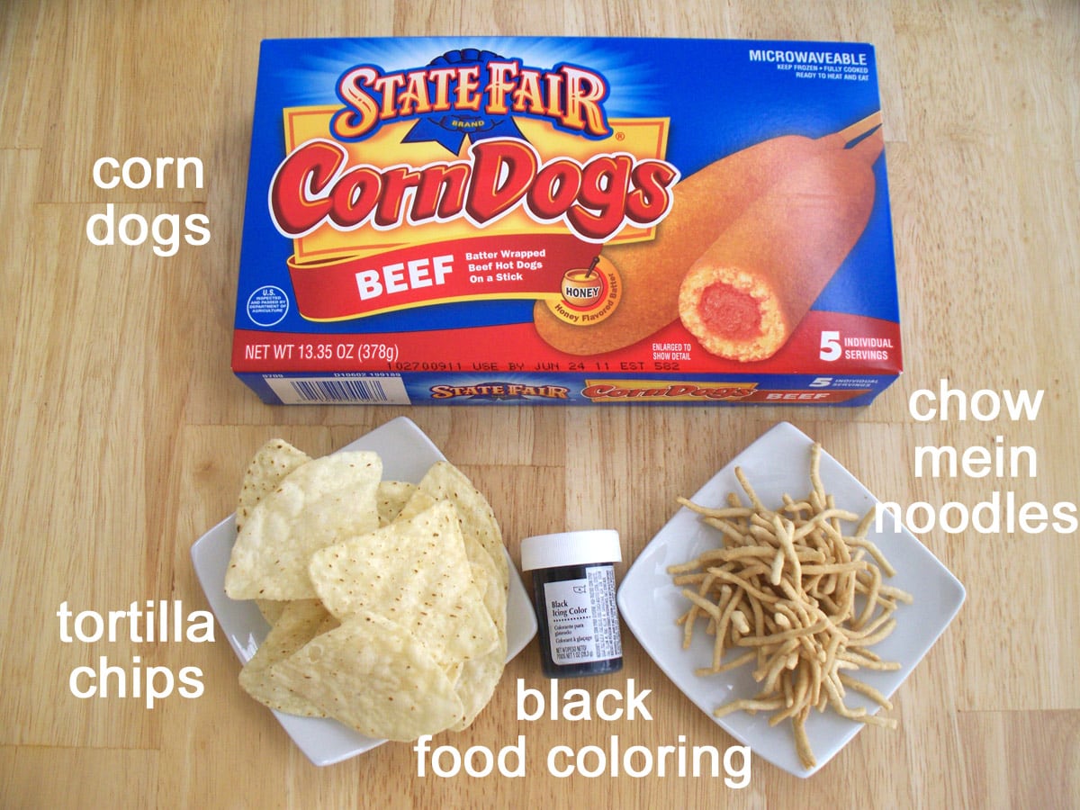 corn dogs, tortilla chips, chow mein noodles, and black food coloring.