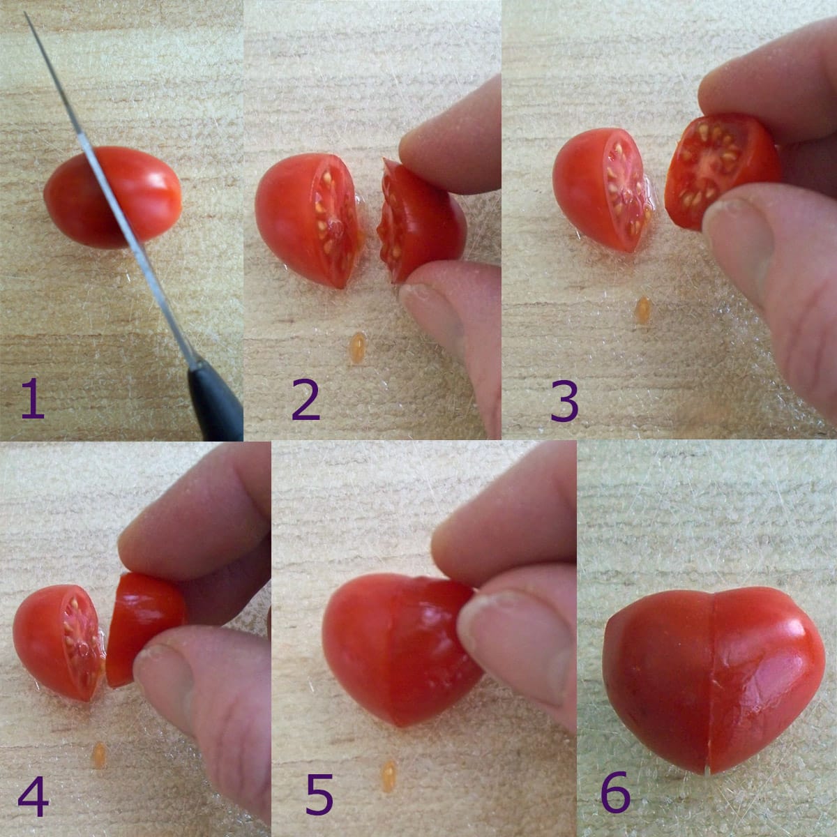 cutting a grape tomato into a heart.