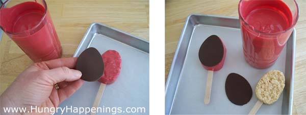 top the red candy coated rice krispie treats with oval-shaped modeling chocolate