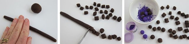 rolling chocolate ganache into a log then cutting it into small pieces, rolling into balls, and dipping in purple luster dust. 