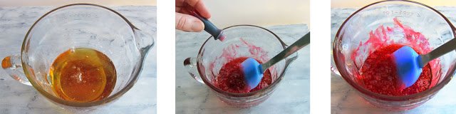 Add red food coloring and cherry candy oil to the boiling sugar mixture.