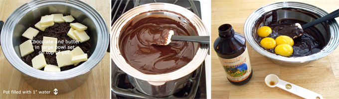 melt chocolate and butter in a double boiler then stir in vanilla