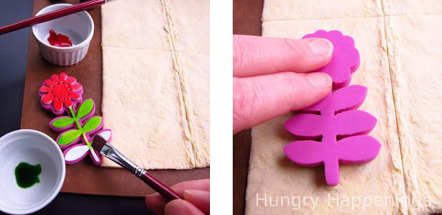 brush food coloring onto a foam stamp then stamp the puff pastry.
