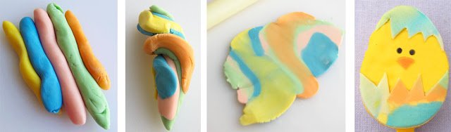 swirling pastel colored modeling chocolate together to make a colorful egg.