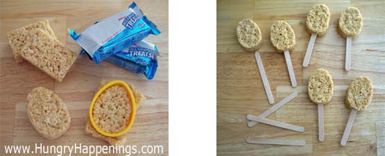 cutting rice krispies treats using egg cookie cutters and insert wooden popsicle sticks. 