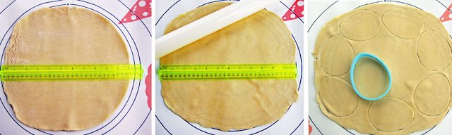 rolling out pie dough to 12 inches in diameter than cutting out the dough using an Easter egg cookie cutter. 