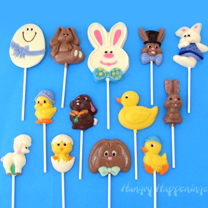 hand-painted Easter lollipops including Easter eggs, chocolate Easter bunnies, ducks, chicks, and lambs