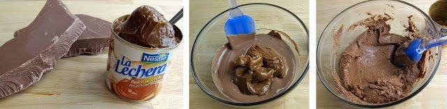 Mixing dulce de leche and melted milk chocolate together to create a fudge-like filling.