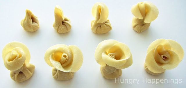 the stages of making a won ton rose.