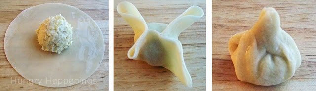 a spoonful of roasted garlic artichoke cream cheese in the middle of a round won ton wrapper, a won ton wrapper pinched together, and a won ton wrapper sealed into a teardrop shape.
