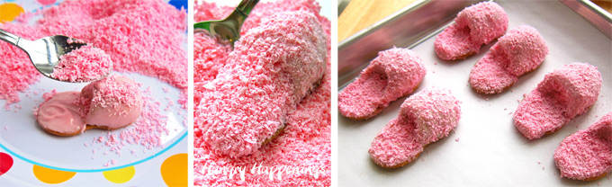  sprinkle shaved pink candy melts over the pink candy-coated peanut butter fudge topped Nutter Butter Cookies