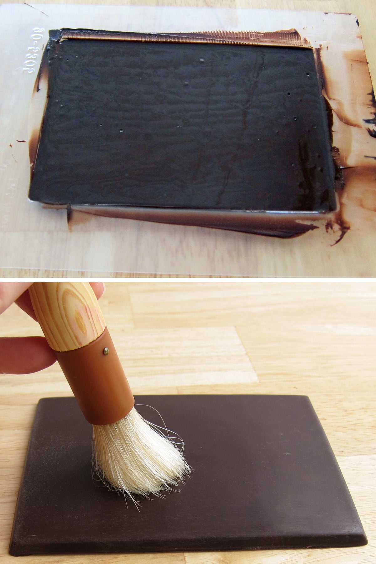 chocolate bar and scratching the surface of the bar using a pastry brush.