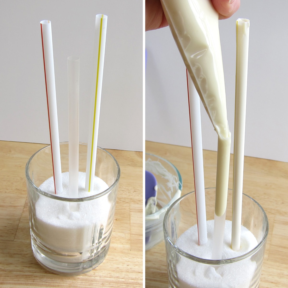 making white chocolate chalk by piping white chocolate into straws. 