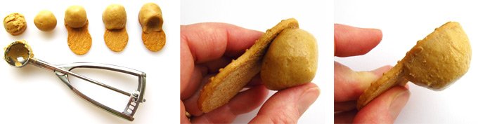 scoop out peanut butter fudge then roll it into a ball, press it onto a Nutter Butter Cookie