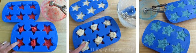 layering red, white, and blue coconut candy into a silicone star mold. 