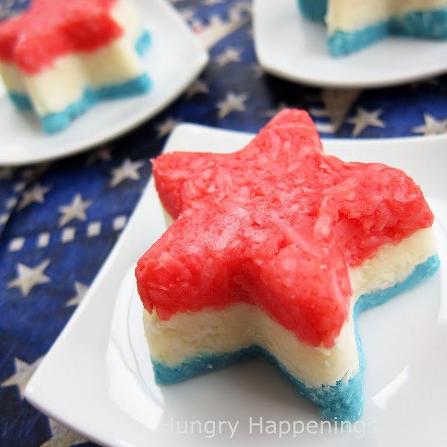 red, white, and blue coconut cream candy stars