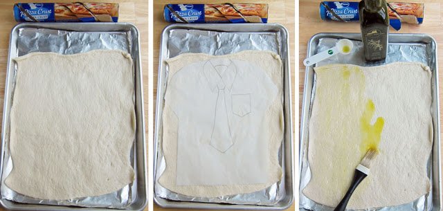 fitting the shirt and tie template to the pizza dough and brushing the dough with olive oil. 