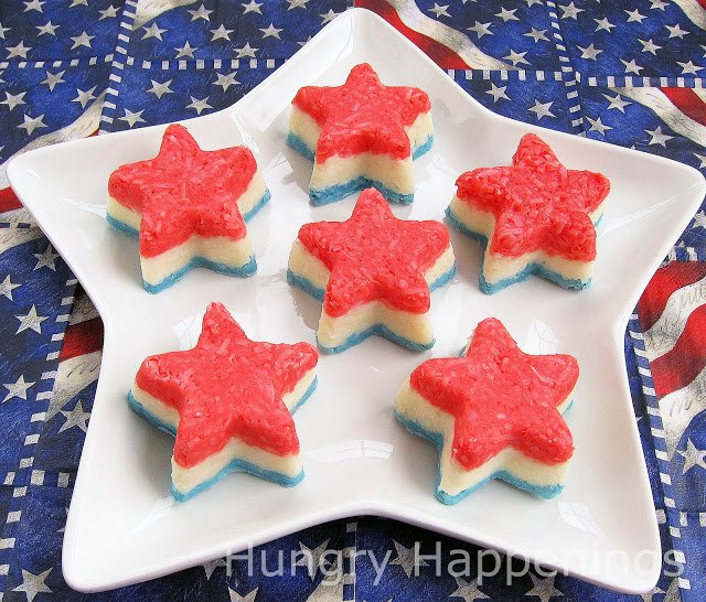 red, white, and blue coconut candy