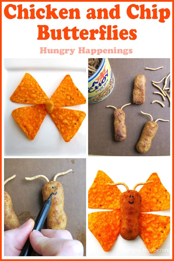 Use Nacho Cheese Doritos to make butterfly wings and chicken tenders for the bodies and chow mein noodles for the antenna for these cute Chicken and Chips Butterflies