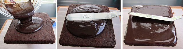 pouring and spreading chocolate ganache over a brownie.