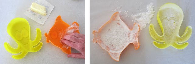 greasing goldfish and octopus sand molds and dusting them with corn starch and powdered sugar. 