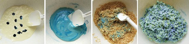 mixing blue food coloring into Rice Krispie treat mixture. 
