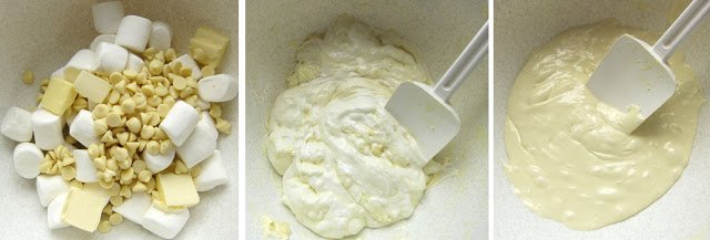 Melting butter, marshmallows, and white chocolate.