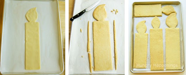 candle-shaped cookie dough raw and baked, cutting the edges so they are straight, and four baked candy cookies on a parchment paper-lined baking sheet. 