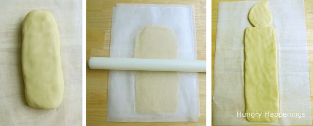 rolling out cookie dough between two sheets of parchment paper and a candle shaped cookie dough on parchment paper. 