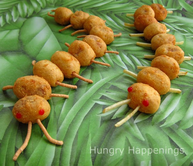 Craft centipedes out of mini corn dogs and chow mein noodles or potato sticks. 