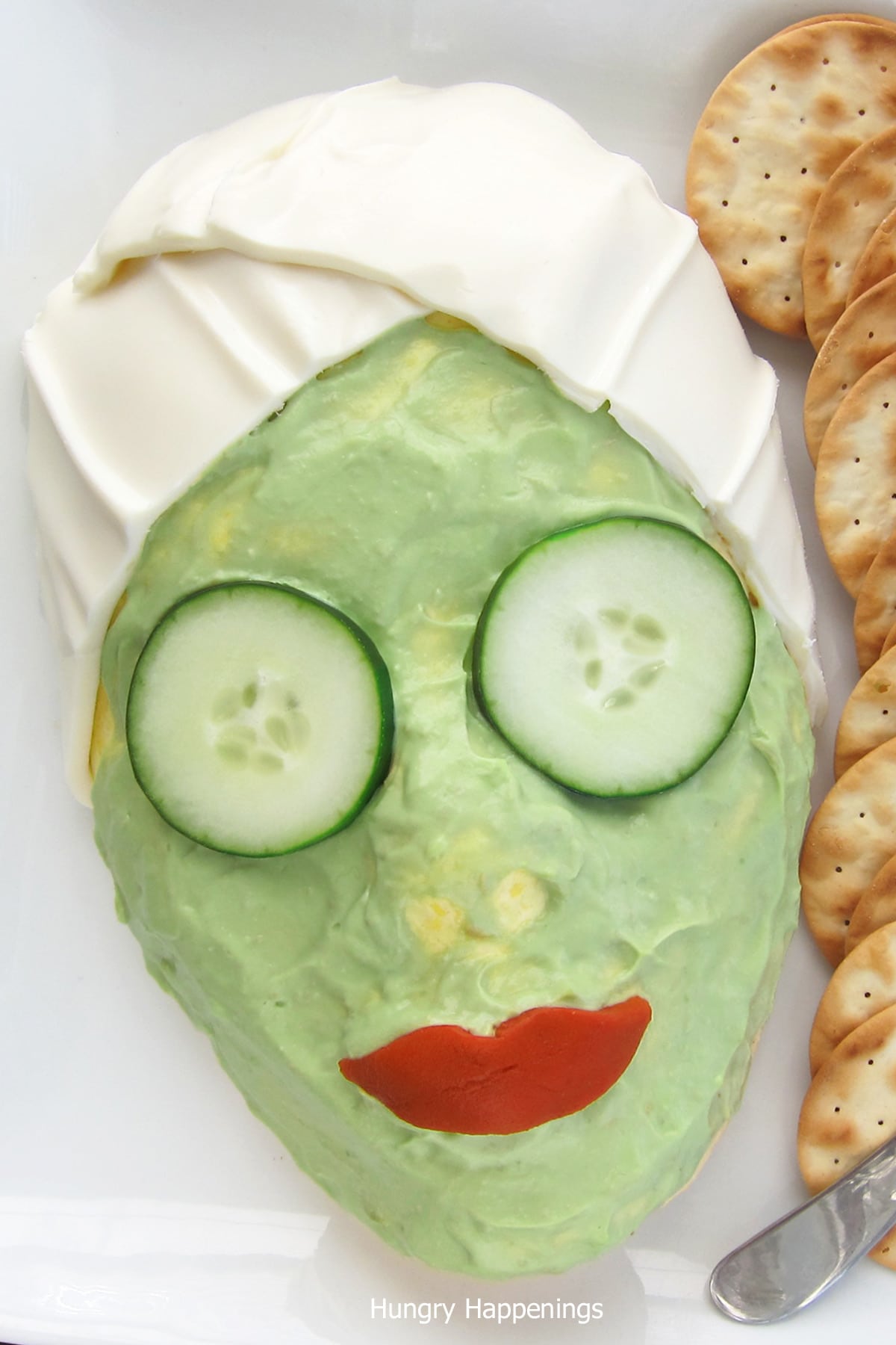 funny spa party cheese ball facial mask served with crackers. 