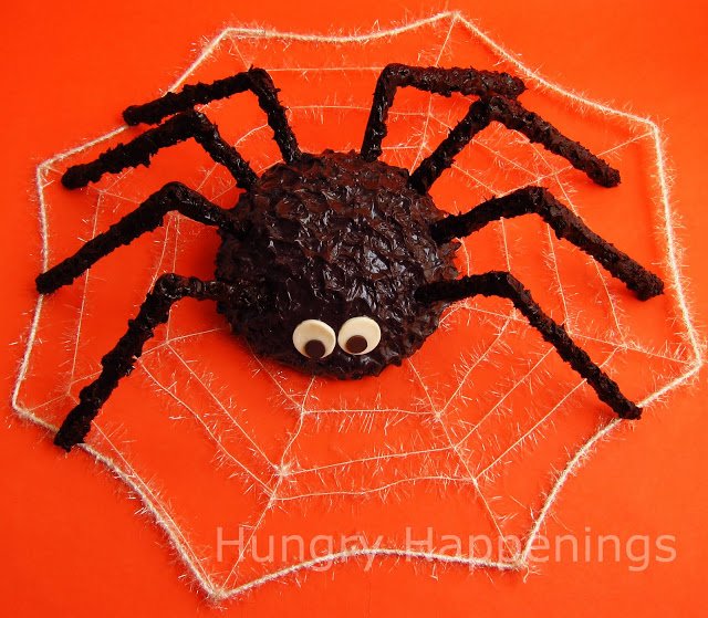Giant cake ball spider served on a spider web at our Halloween party. 