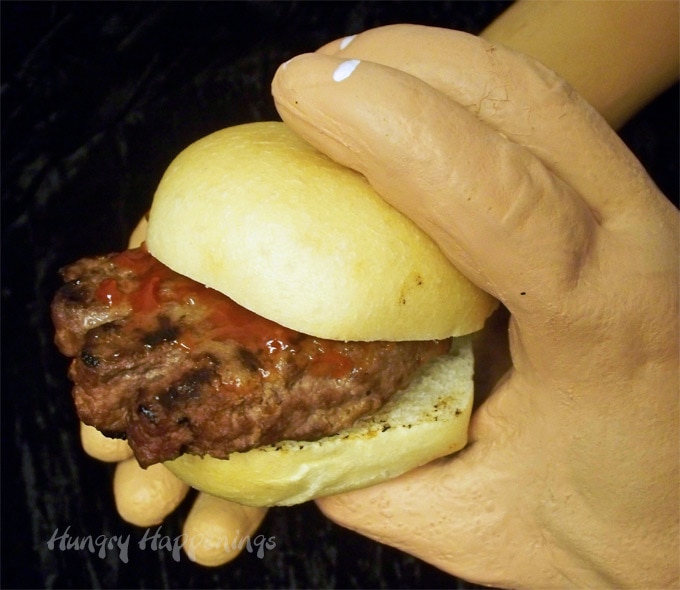 Gross Halloween Food - hand shaped hamburgers.