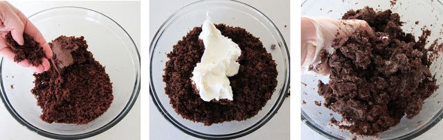 Blending chocolate cake with vanilla frosting to make cake balls.