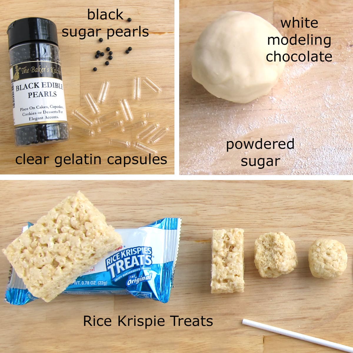 Rice Krispie Treat Ghost Lollipops ingredients including black sugar pearls, clear gelatin capsules, and white modeling chocolate. 