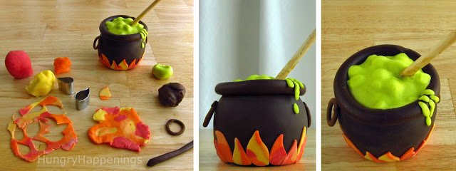 adding red, orange, and yellow modeling chocolate flames to a chocolate caramel apple cauldron. 