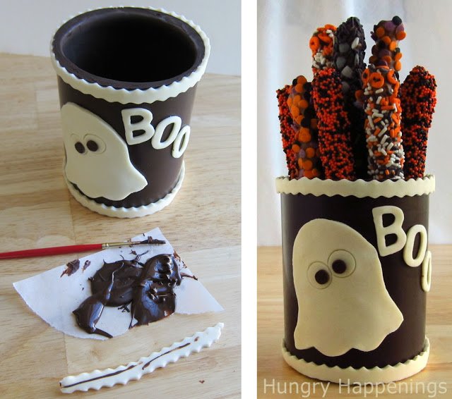decorating a chocolate Halloween jar filled with chocolate-dipped Halloween pretzels. 