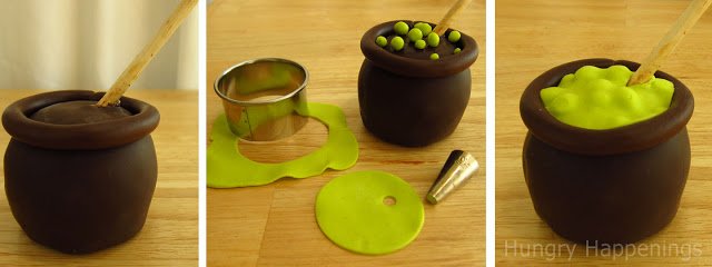 decorating a chocolate-dipped caramel apple cauldron.