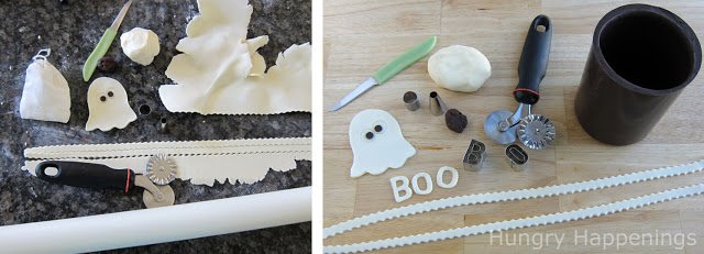 making white modeling chocolate ghosts and decorations to add to a chocolate canister. 