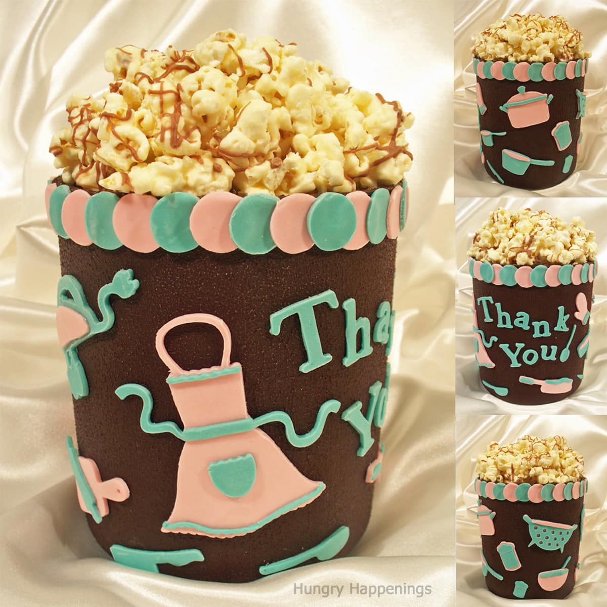 chocolate bucket thank you gift filled with white chocolate popcorn. 