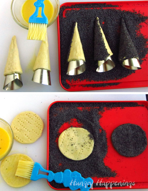 roll crescent roll cones and circles in black poppy seeds to make the crescent roll witch hats black