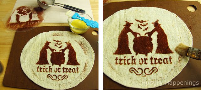 decorating a tortilla using a Halloween witch stenchil. 