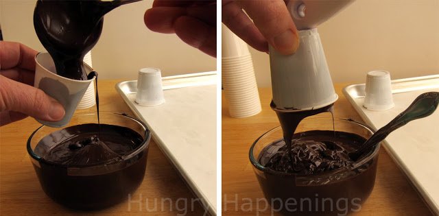 fill a plastic cup with chocolate and then allow the excess to drip out